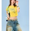 American Vintage Yellow Crop Top for Women, Short Sleeve Slim Fit T-Shirt, Summer Style, Retro 90s Vibe