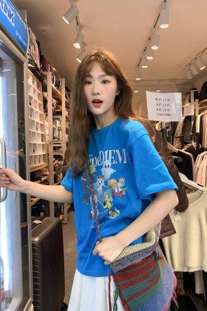 Animal Party Printed Short Sleeve T-shirt for Women, Spring 2025 Loose Fit, Casual Tee, Fun Graphic Top, Y2K Style Fashion.