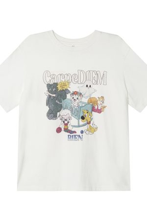 Animal Party Printed Short Sleeve T-shirt for Women, Spring 2025 Loose Fit, Casual Tee, Fun Graphic Top, Y2K Style Fashion.