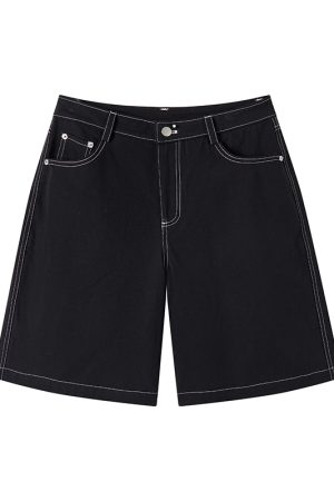 Anime-Style Black Loose Straight Low-Waist Five-Point Shorts for Casual Streetwear, Y2K Aesthetic