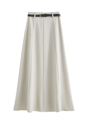 Apricot Belt-Style A-Line Suit Skirt for Women, High-Waisted Draped Long Skirt, Flattering for Petite Figures, Spring 2025 Fashion
