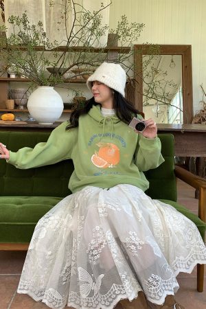 Apricot Butterfly Lace Midi Skirt for Women - Loose A-Line Vintage Style Long Skirt for Autumn and Winter Fashion