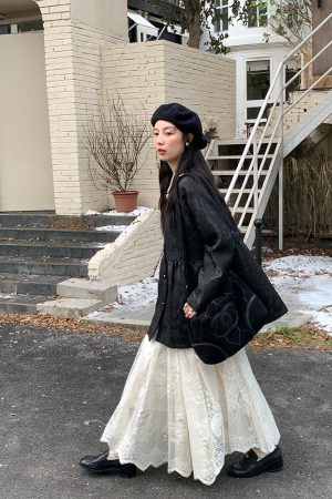 Apricot Butterfly Lace Midi Skirt for Women - Loose A-Line Vintage Style Long Skirt for Autumn and Winter Fashion