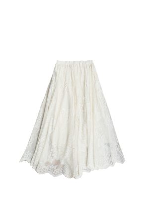 Apricot Butterfly Lace Midi Skirt for Women - Loose A-Line Vintage Style Long Skirt for Autumn and Winter Fashion