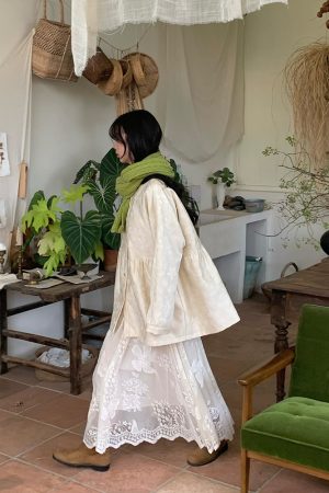 Apricot Butterfly Lace Midi Skirt for Women - Loose A-Line Vintage Style Long Skirt for Autumn and Winter Fashion