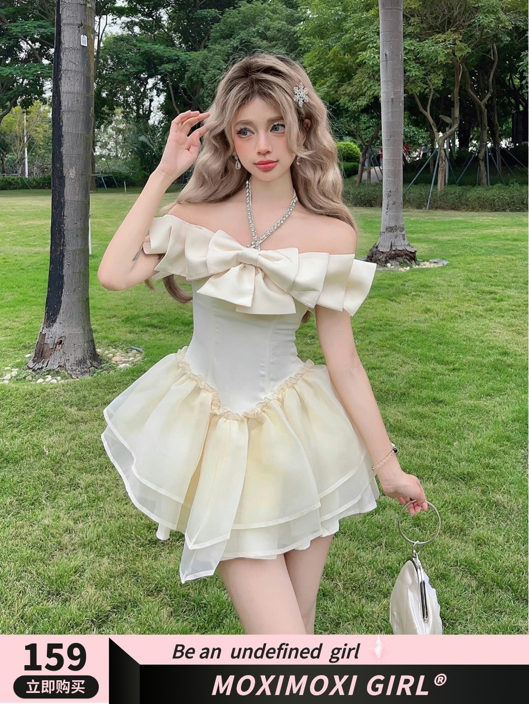 Apricot Diamond-Studded Bow Puffy Princess Dress - Fairy Birthday Dress, Date Dress, 90s Style Party Dress Apricot Diamond-Studded Bow Puffy Princess Dress - Fairy Birthday Dress, Date Dress, 90s Style Party Dress