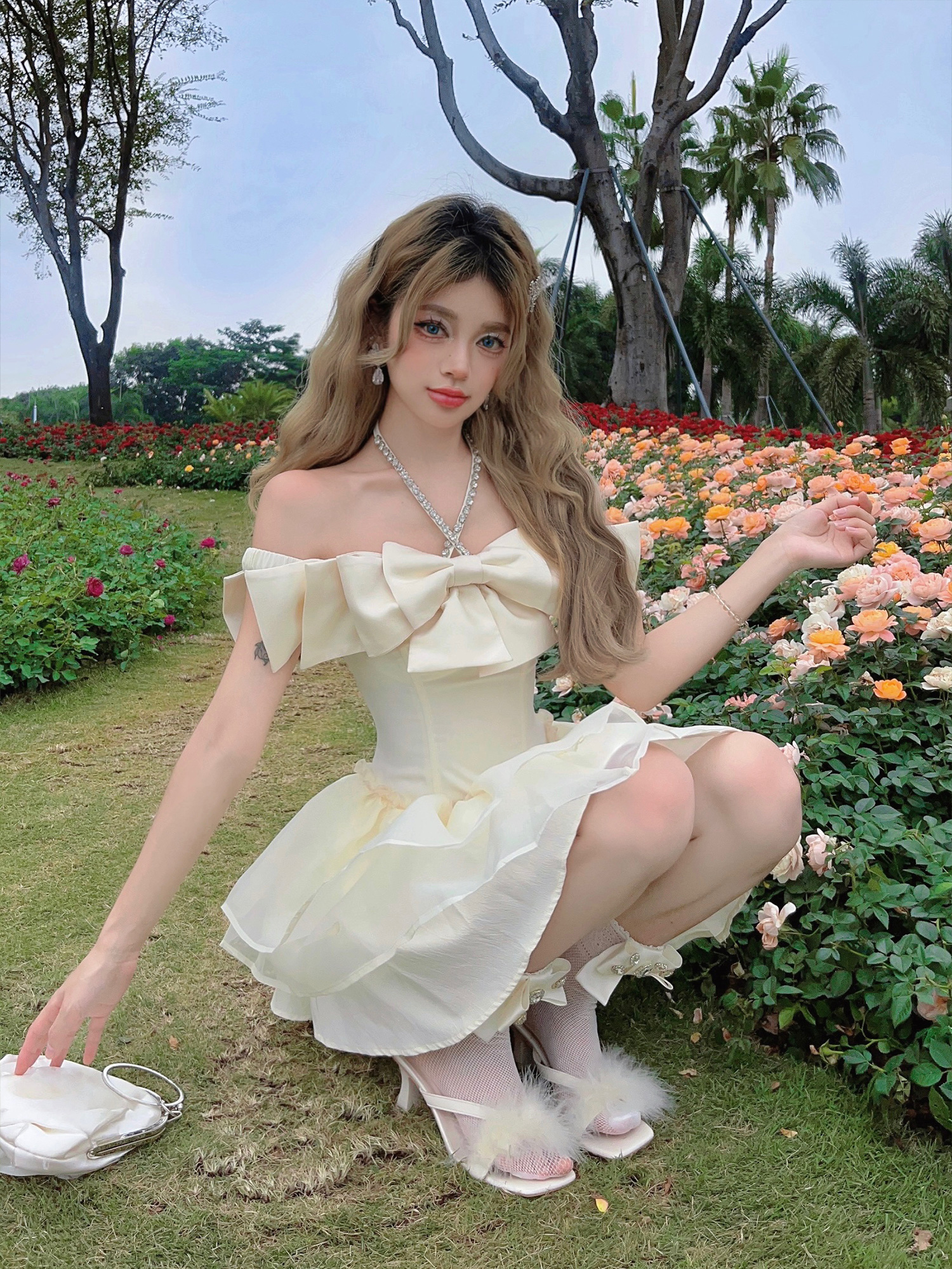 Apricot Diamond-Studded Bow Puffy Princess Dress - Fairy Birthday Dress, Date Dress, 90s Style Party Dress Apricot Diamond-Studded Bow Puffy Princess Dress - Fairy Birthday Dress, Date Dress, 90s Style Party Dress