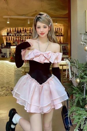 Apricot Diamond-Studded Bow Puffy Princess Dress - Fairy Birthday Dress, Date Dress, 90s Style Party Dress