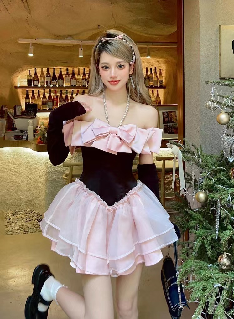 Apricot Diamond-Studded Bow Puffy Princess Dress - Fairy Birthday Dress, Date Dress, 90s Style Party Dress Apricot Diamond-Studded Bow Puffy Princess Dress - Fairy Birthday Dress, Date Dress, 90s Style Party Dress