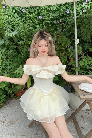 Apricot Diamond-Studded Bow Puffy Princess Dress - Fairy Birthday Dress, Date Dress, 90s Style Party Dress