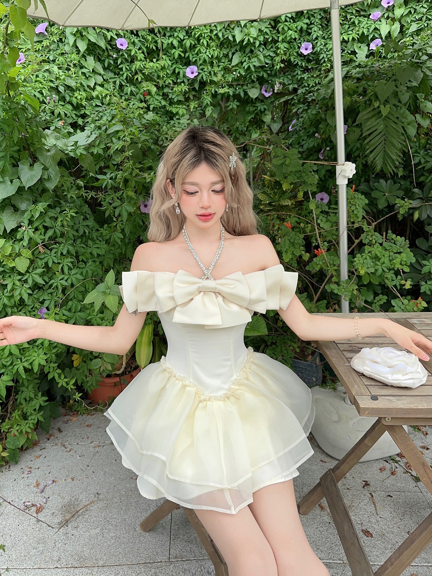 Apricot Diamond-Studded Bow Puffy Princess Dress - Fairy Birthday Dress, Date Dress, 90s Style Party Dress Apricot Diamond-Studded Bow Puffy Princess Dress - Fairy Birthday Dress, Date Dress, 90s Style Party Dress