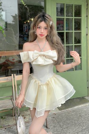 Apricot Diamond-Studded Bow Puffy Princess Dress - Fairy Birthday Dress, Date Dress, 90s Style Party Dress