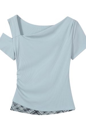 Apricot Faux Two-Piece Off-Shoulder Short Sleeve T-Shirt for Women - Summer Slim Waist Irregular Top, Y2K Style Fashion