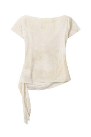 Apricot Gradient Off-Shoulder Top for Women with Flowing Ribbons, Slim Fit Short Sleeves - Summer Fashion Essential