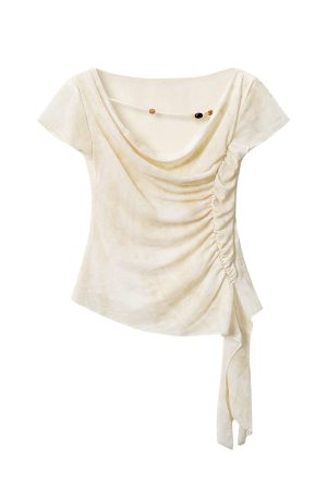 Apricot Gradient Off-Shoulder Top for Women with Flowing Ribbons, Slim Fit Short Sleeves - Summer Fashion Essential