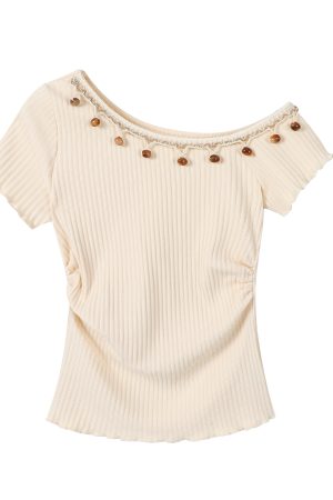 Apricot Off-Shoulder Top for Women - Summer 2025 Short-Sleeve Blouse, Casual OOTD, Vacation Essential, Trendy Fashion Piece