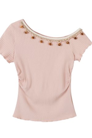 Apricot Off-Shoulder Top for Women - Summer 2025 Short-Sleeve Blouse, Casual OOTD, Vacation Essential, Trendy Fashion Piece