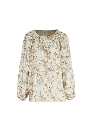 Apricot Retro Linen Shirt for Women - Spring Loose Lantern Sleeve Top in Forest Style, Vintage Herb Rosemary Design