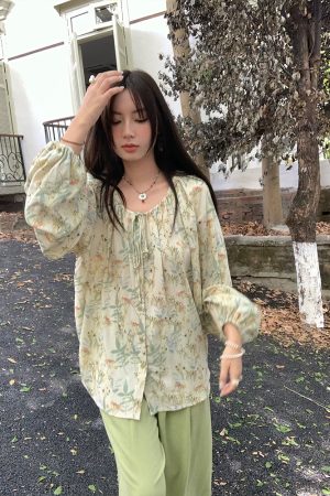 Apricot Retro Linen Shirt for Women - Spring Loose Lantern Sleeve Top in Forest Style, Vintage Herb Rosemary Design