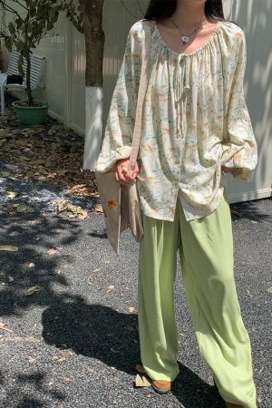 Apricot Retro Linen Shirt for Women - Spring Loose Lantern Sleeve Top in Forest Style, Vintage Herb Rosemary Design