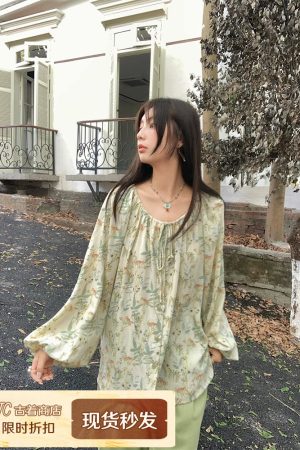 Apricot Retro Linen Shirt for Women - Spring Loose Lantern Sleeve Top in Forest Style, Vintage Herb Rosemary Design