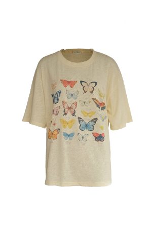Apricot Yellow Butterfly Print Short Sleeve T-Shirt for Women - Vintage Style Summer Loose Round Neck Top
