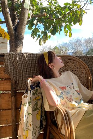 Apricot Yellow Butterfly Print Short Sleeve T-Shirt for Women - Vintage Style Summer Loose Round Neck Top