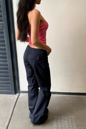 Aqua Dark Blue Micro Flare Low Waist Paper Bag Pants - Functional Evolution Version for Trendy Y2K Style