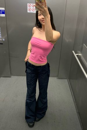 Aqua Dark Blue Micro Flare Low Waist Paper Bag Pants - Functional Evolution Version for Trendy Y2K Style