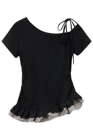 Artistic Blue One-Shoulder Top for Women - 2025 Summer Korean Style Slim Fit Short Sleeve Shirt for Spicy Girls