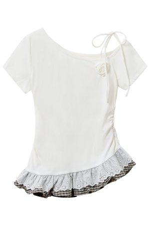 Artistic Blue One-Shoulder Top for Women - 2025 Summer Korean Style Slim Fit Short Sleeve Shirt for Spicy Girls