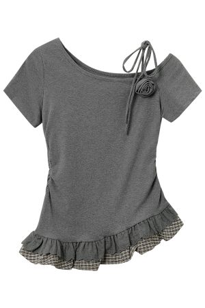 Artistic Blue One-Shoulder Top for Women - 2025 Summer Korean Style Slim Fit Short Sleeve Shirt for Spicy Girls