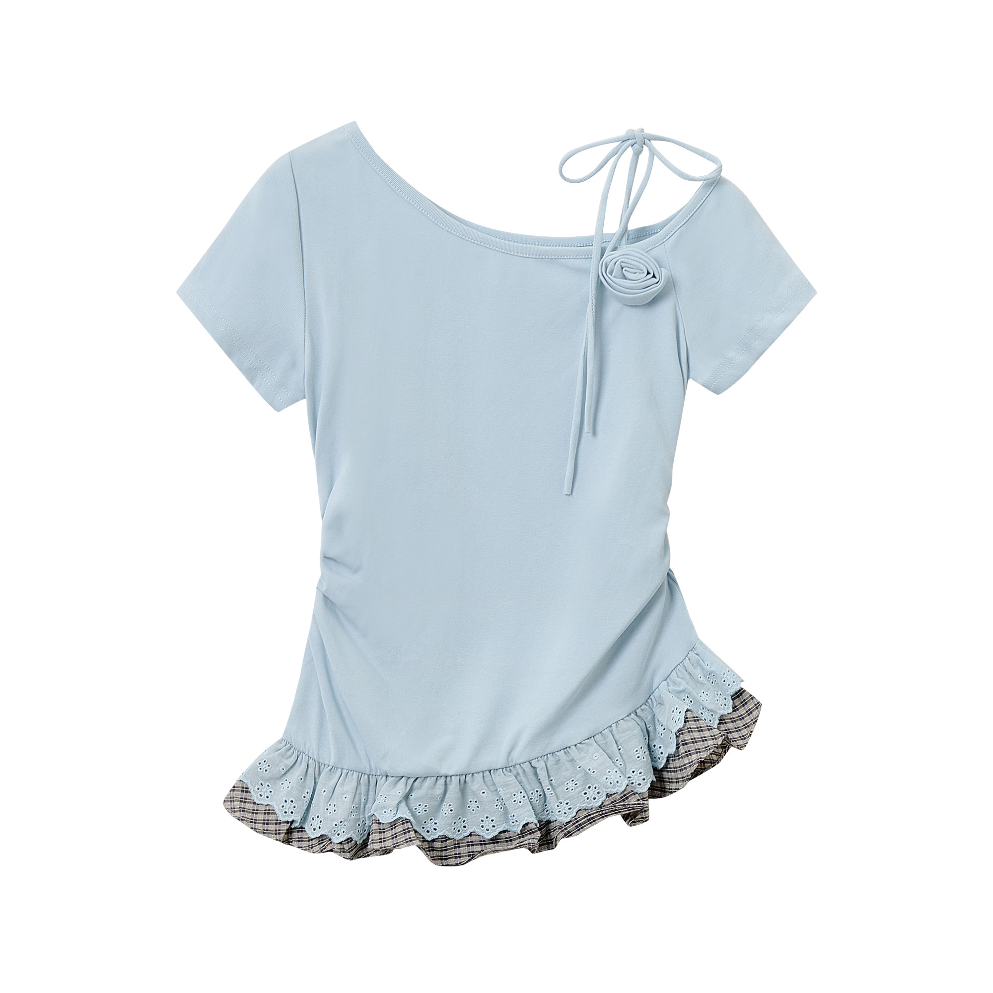 Artistic Blue One-Shoulder Top for Women - 2025 Summer Korean Style Slim Fit Short Sleeve Shirt for Spicy Girls Artistic Blue One-Shoulder Top for Women - 2025 Summer Korean Style Slim Fit Short Sleeve Shirt for Spicy Girls