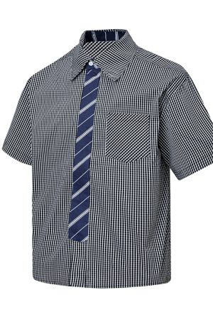Artistic Blue Plaid Short Sleeve Shirt for Men and Women, Loose Versatile College Style, Retro 90s A-Z Summer Fashion Top