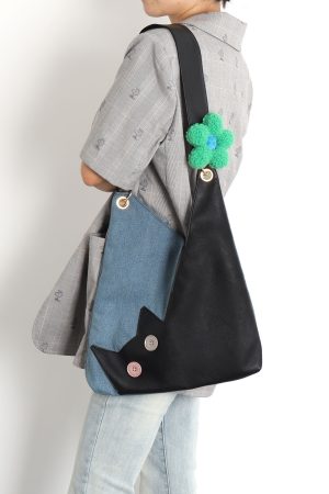 Artistic Color-Blocking Cat Plaid Denim Large-Capacity Shoulder Crossbody Bag - Cute Niche Style for Everyday Use