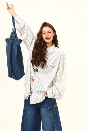 Artistic Embroidered Striped Long Sleeve Shirt for Women - Retro Loose Fit Blouse, Versatile Autumn Fashion