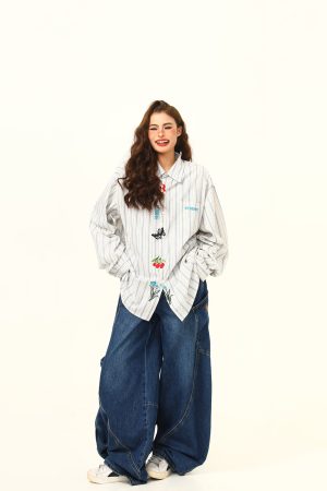 Artistic Embroidered Striped Long Sleeve Shirt for Women - Retro Loose Fit Blouse, Versatile Autumn Fashion