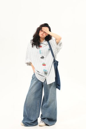 Artistic Embroidered Striped Short Sleeve Shirt for Women - Retro American Style Summer Blouse