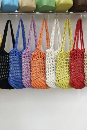 Artistic Forest Style Woven Bucket Tote Bag â€“ Hollow Fishing Net Design, Korean Wind Ins Shoulder Bag for Vacation