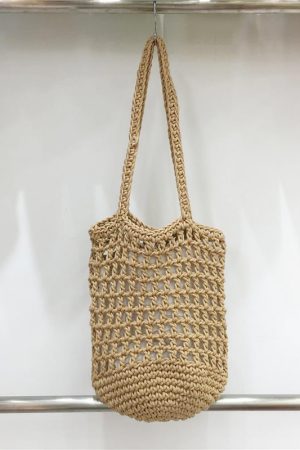Artistic Forest Style Woven Bucket Tote Bag â€“ Hollow Fishing Net Design, Korean Wind Ins Shoulder Bag for Vacation