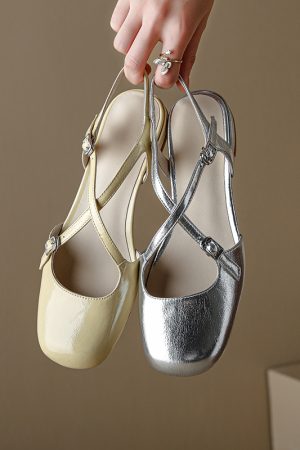 Artistic Genuine Leather Mary Jane Sandals for Women - Sweet Cross Strap, Square Toe, Chunky Heel, Perfect for 90s and Y2K Style