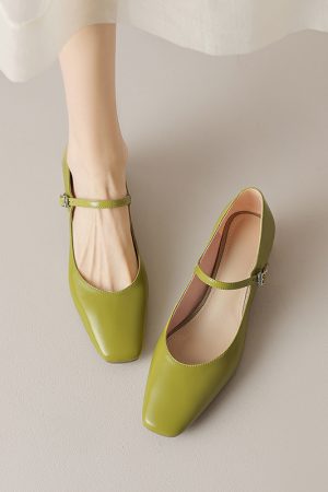 Artistic Genuine Leather Mary Jane Shoes for Women - Square Toe, Medium Heeled, French Style, Perfect for Commuting