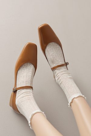 Artistic Genuine Leather Mary Jane Shoes for Women - Square Toe, Medium Heeled, French Style, Perfect for Commuting