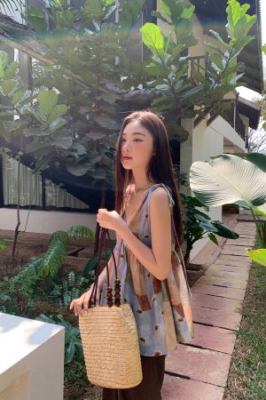 Artistic Printed Sleeveless Top with Shoulder Ties for Women - Casual Summer Beach Top, Perfect for Vacation Style