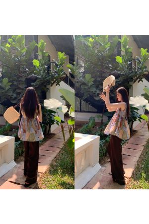 Artistic Printed Sleeveless Top with Shoulder Ties for Women - Casual Summer Beach Top, Perfect for Vacation Style