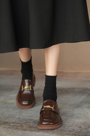 Artistic Retro British Style Chunky Heel Loafers with Gold Buckle - Women's Thick-Soled Leather Flats - Trendy Y2K Fashion