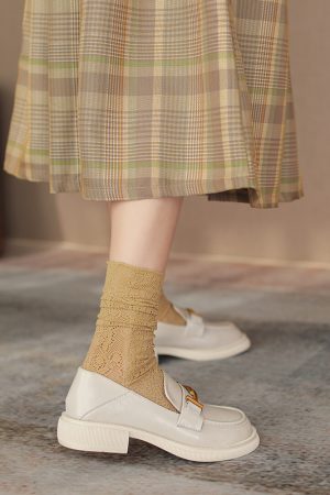 Artistic Retro British Style Chunky Heel Loafers with Gold Buckle - Women's Thick-Soled Leather Flats - Trendy Y2K Fashion