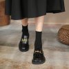 Artistic Retro British Style Chunky Heel Loafers with Gold Buckle - Women's Thick-Soled Leather Flats - Trendy Y2K Fashion