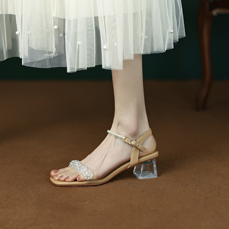 Artistic Slim Pearl Crystal Mid-Heel Square-Toe One-Strap Sandals for Women - Fairy Style Summer Footwear Artistic Slim Pearl Crystal Mid-Heel Square-Toe One-Strap Sandals for Women - Fairy Style Summer Footwear