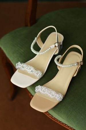 Artistic Slim Pearl Crystal Mid-Heel Square-Toe One-Strap Sandals for Women - Fairy Style Summer Footwear